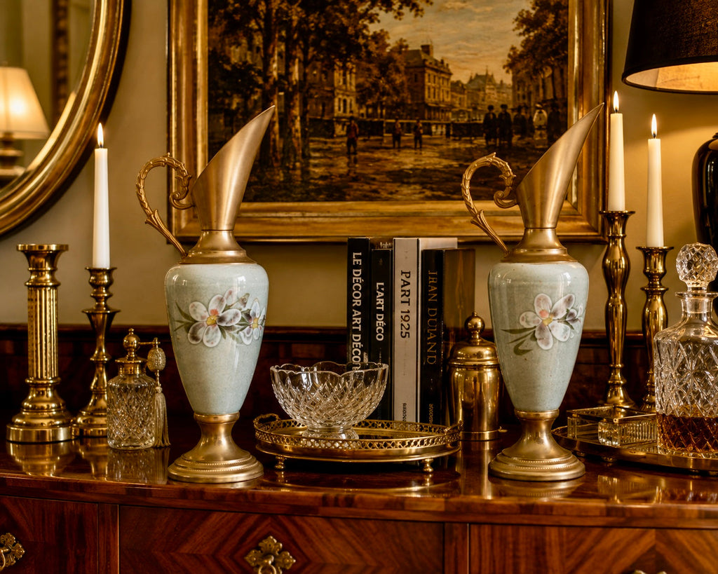 Paire de vases aiguières vintage en céramique et métal doré – 25 cm