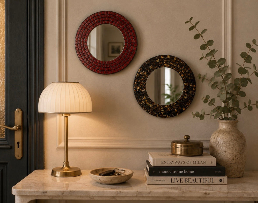 Lot de 2 miroirs mosaïque vintage – Rouge rubis & Brun doré – Ø 20 cm