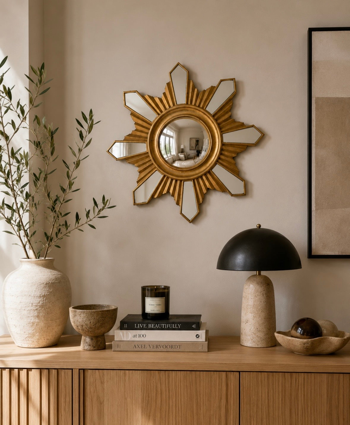 Miroir soleil vintage doré – 30 cm – Esprit Hollywood Regency
