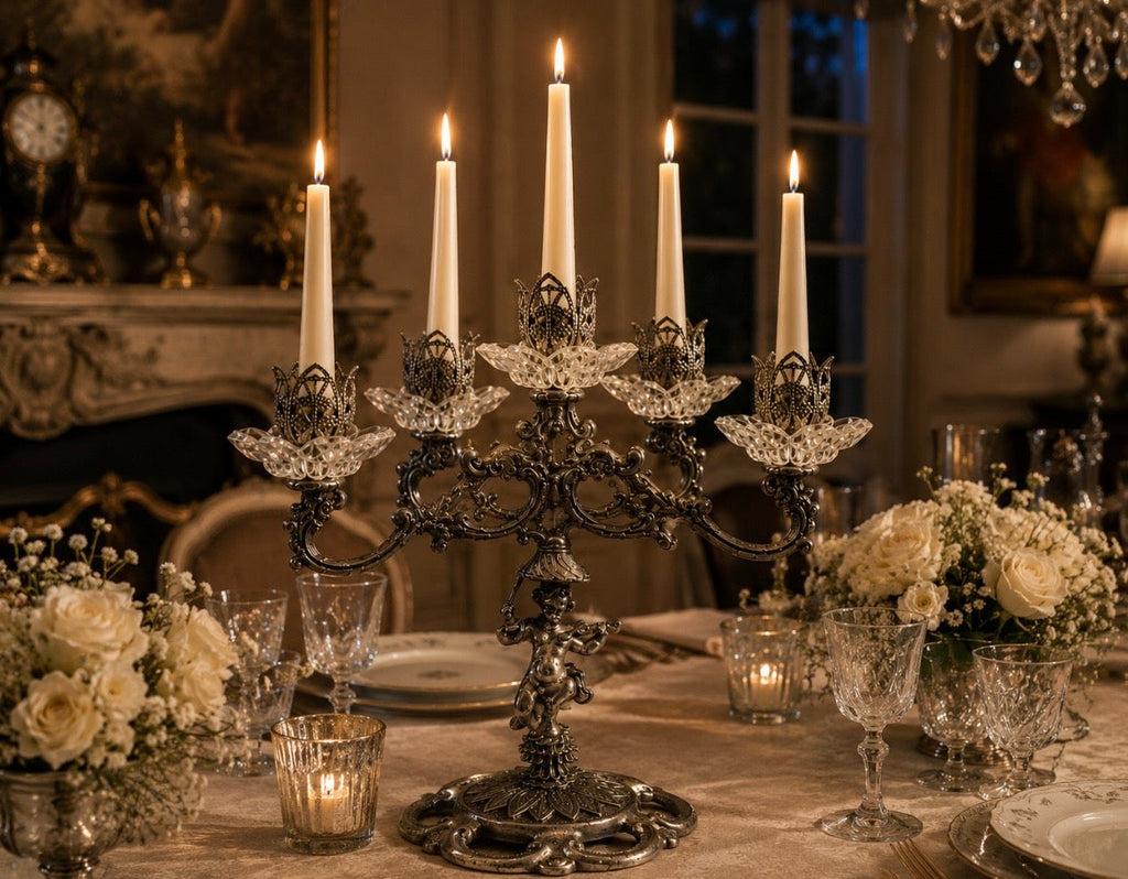 Candélabre Vintage à 5 Lumières – Chérubin & Cristal Facetté – Style Baroque