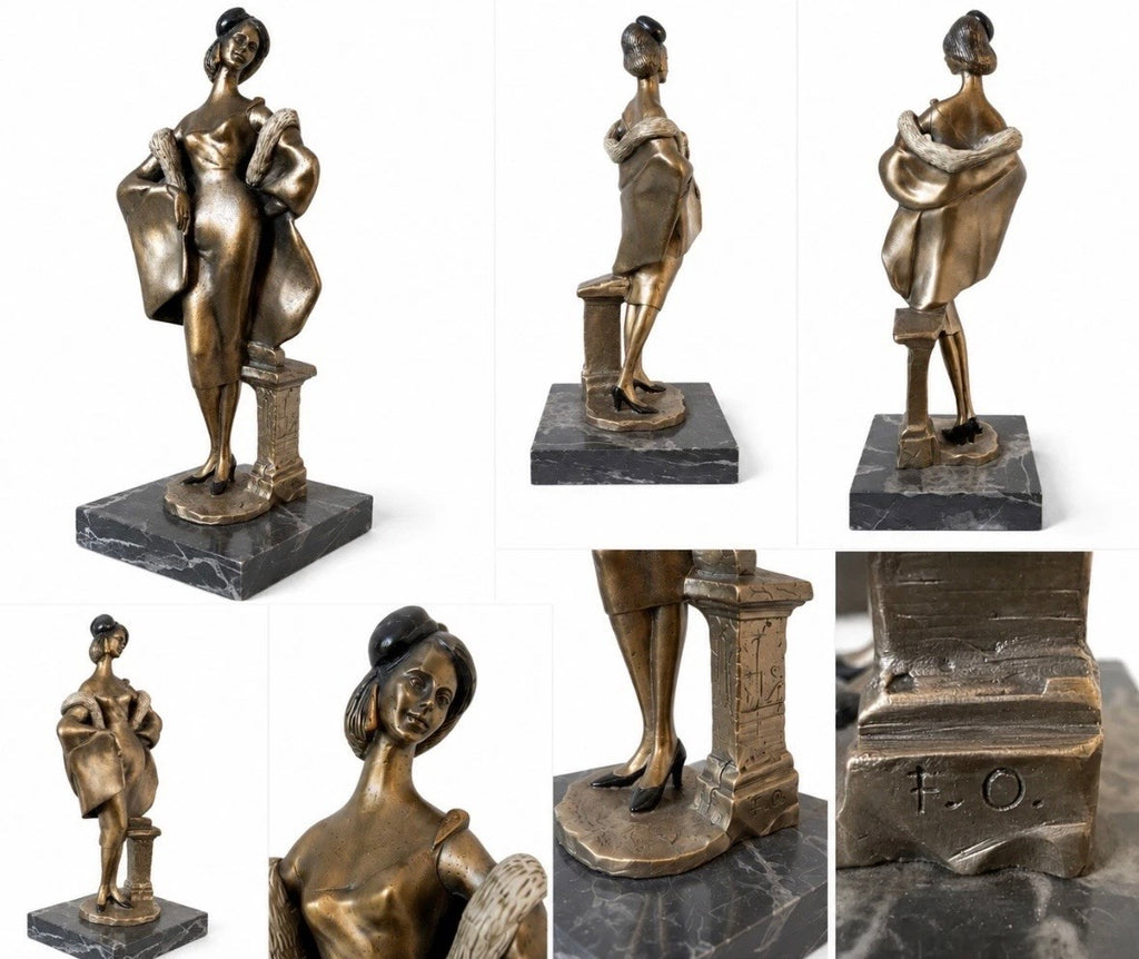 Statue femme Art Déco style Chiparus — Régule & marbre noir, signée F.O.