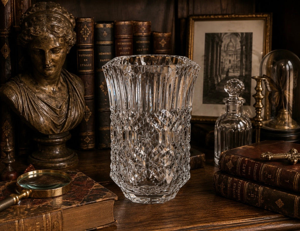 Vase vintage en cristal épais taillé – Design géométrique hexagonal – Années 1970