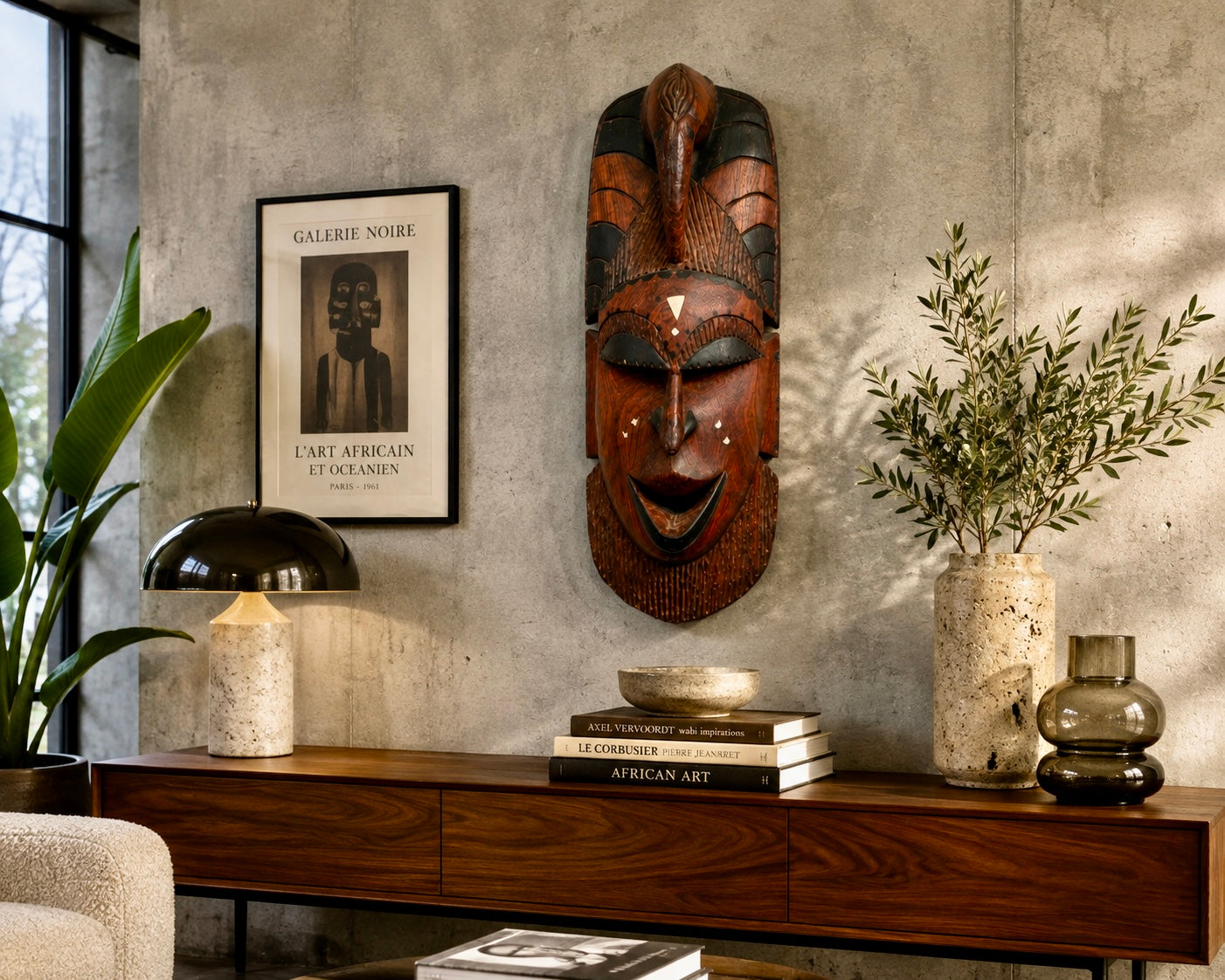 Masque africain en bois sculpté avec incrustations de nacre – Art tribal – Pièce artisanale