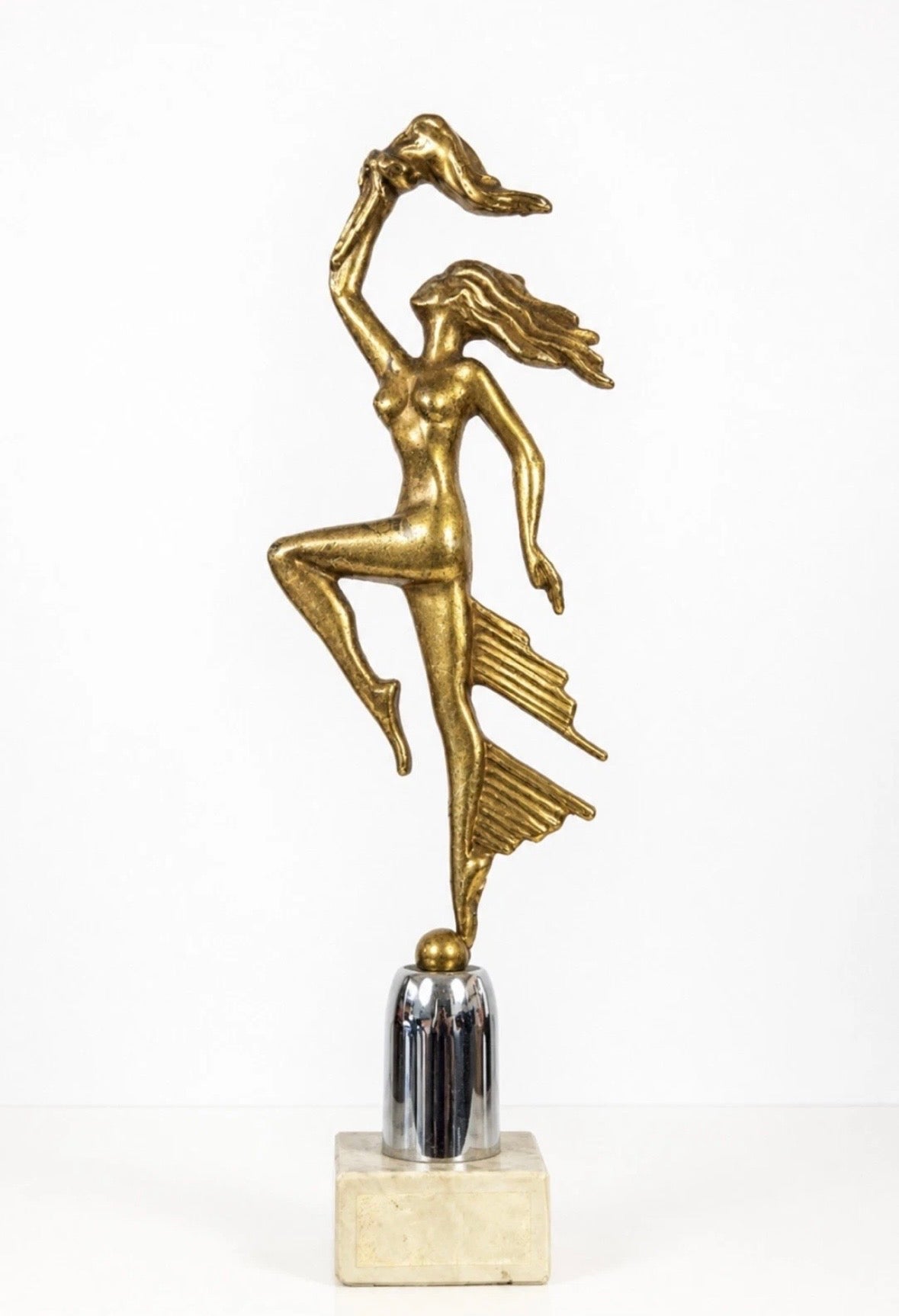 Sculpture Art Déco — Danseuse dorée sur socle marbre, années 1970–80