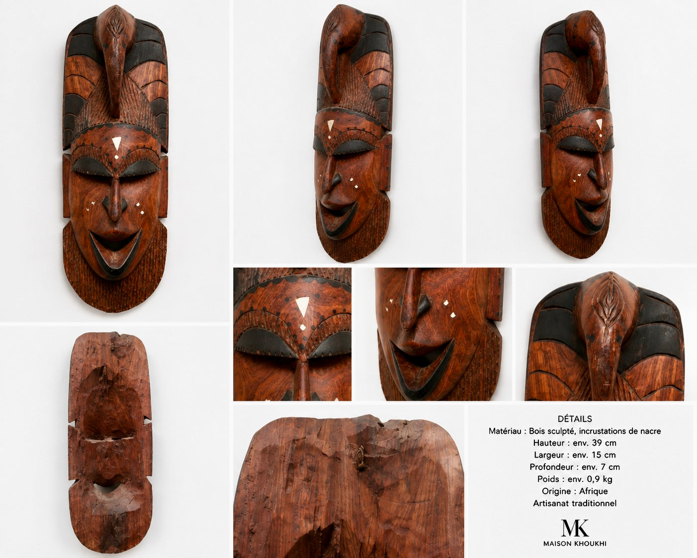 Masque africain en bois sculpté avec incrustations de nacre – Art tribal – Pièce artisanale