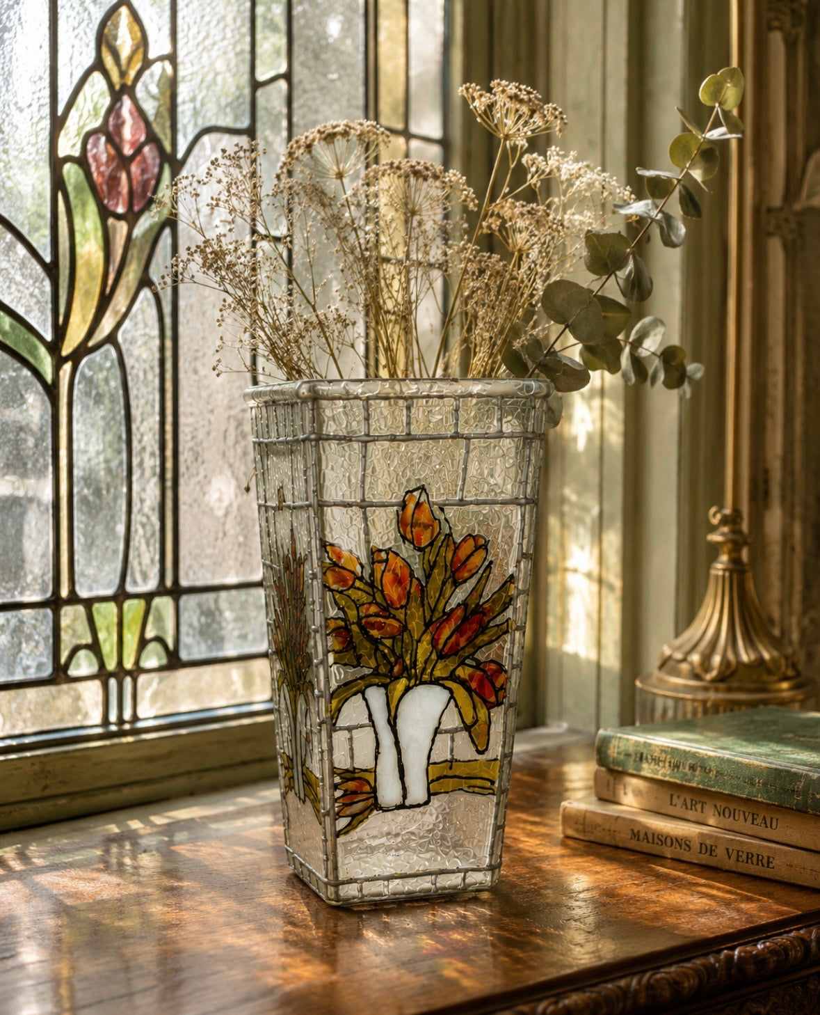 Vase vintage décor vitrail – Tulipes multicolores – Verre texturé