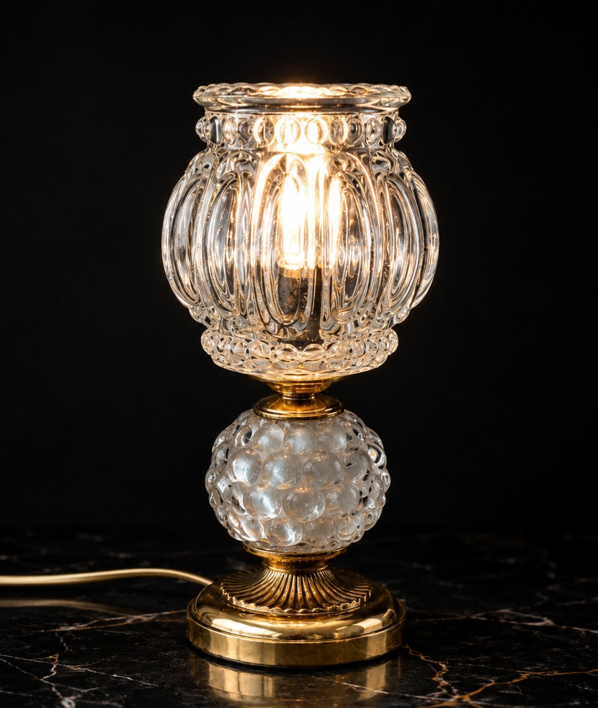 Lampe vintage en verre texturé et métal doré – Années 70