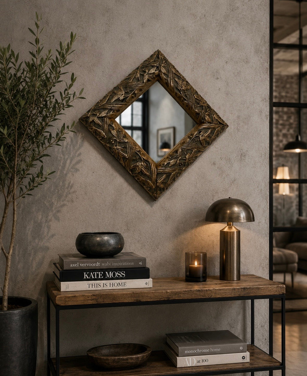 Miroir carré décoratif à décor végétal en relief – Style Art nouveau
