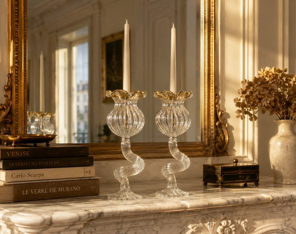 Paire de bougeoirs en verre de Murano soufflé – Feuille d'or – Italie, années 1960-1970