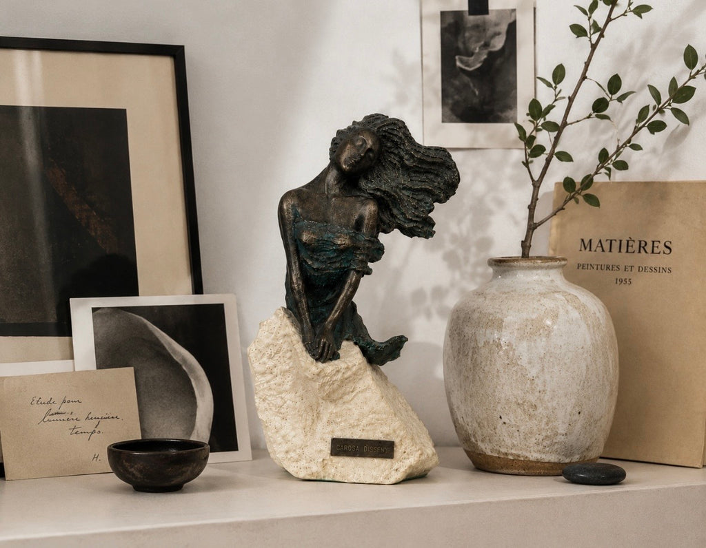Sculpture Carosa Disseny — Figure féminine stylisée sur socle minéral, H. 27 cm