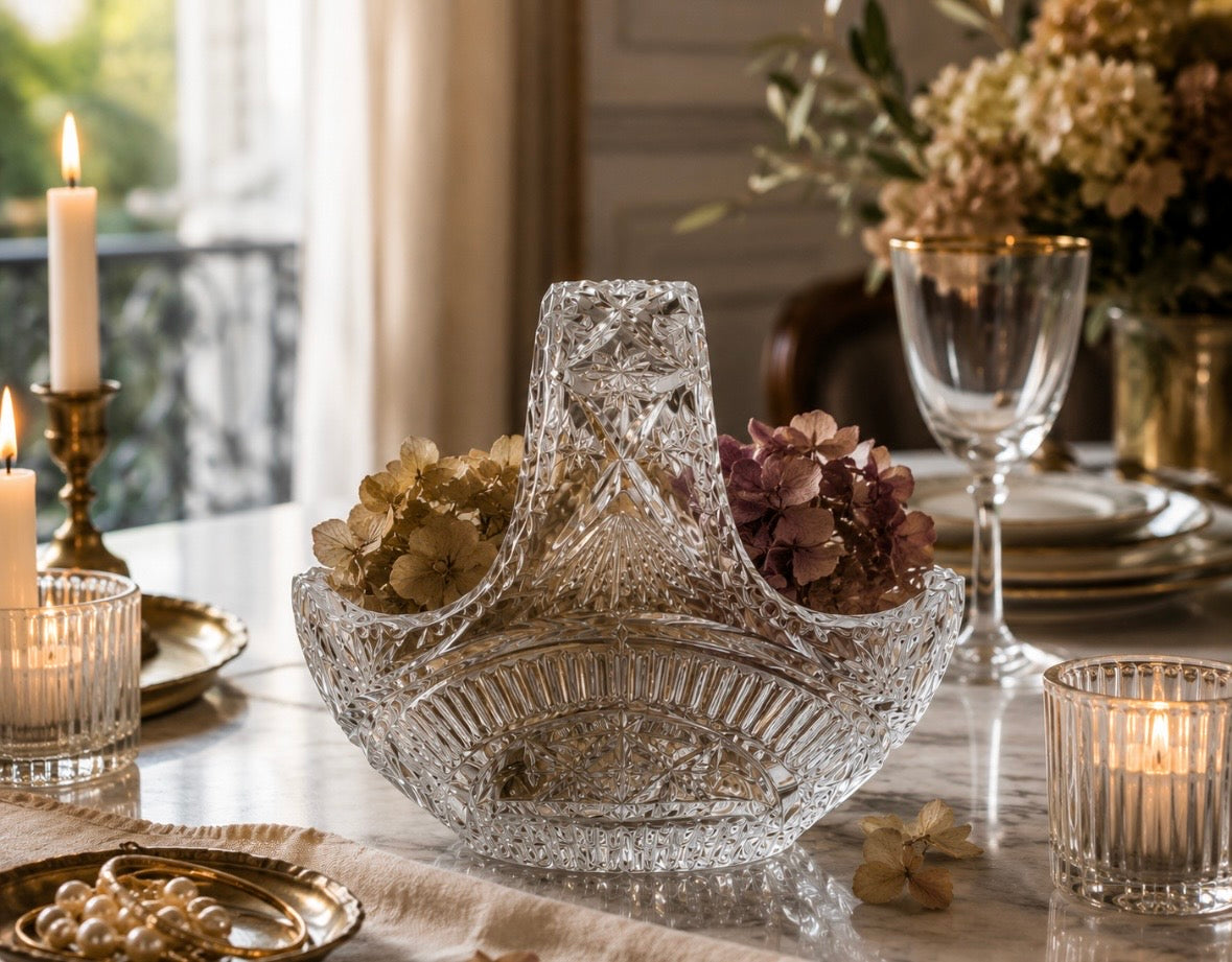 Panier décoratif vintage en verre pressé – Années 1950–1960