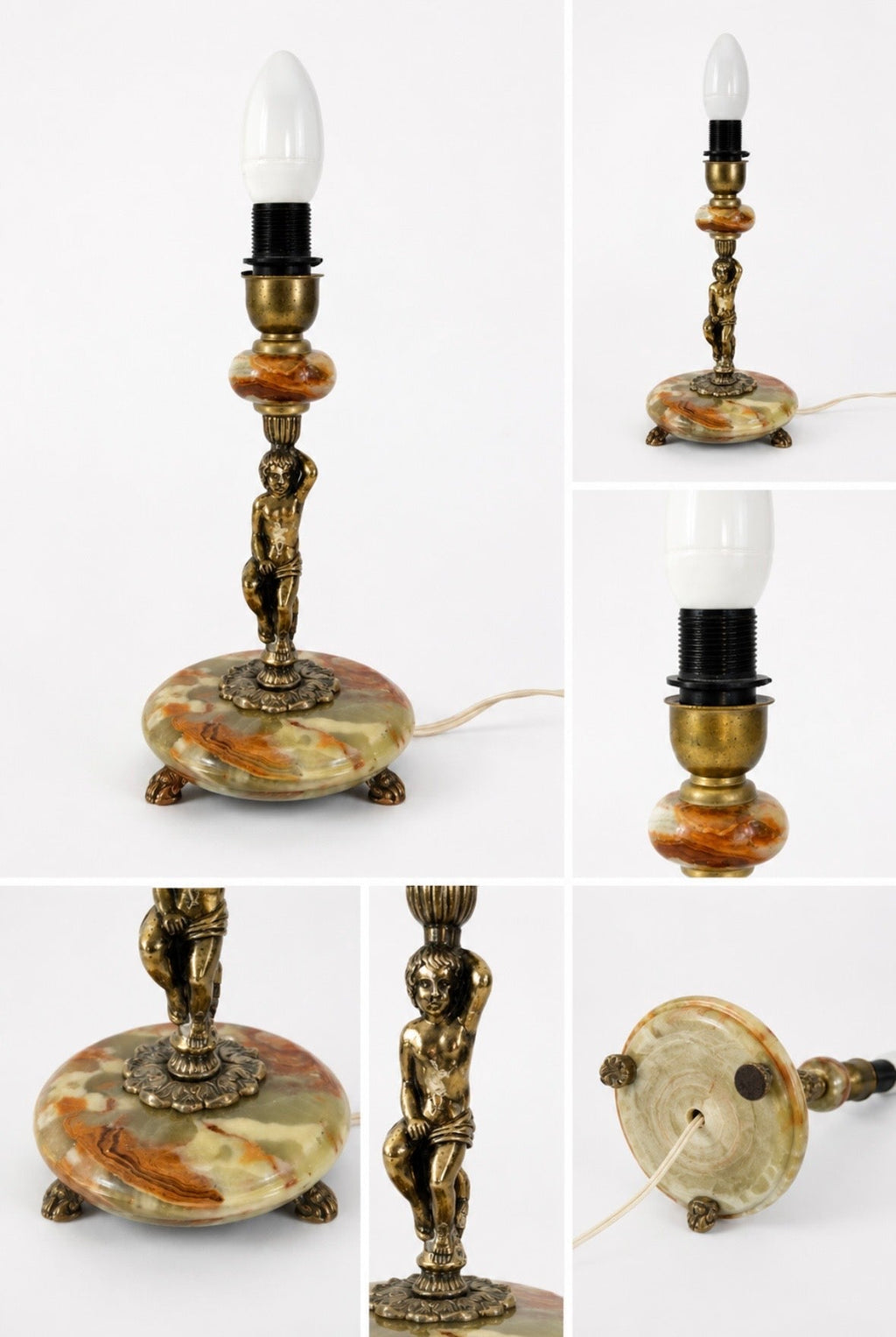 Pied de lampe vintage putto en onyx et métal doré – Années 1960-1970