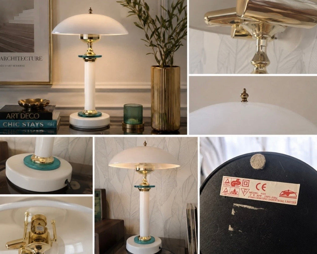 Lampe Champignon Design Postmodern Blanc Doré Turquoise 80s