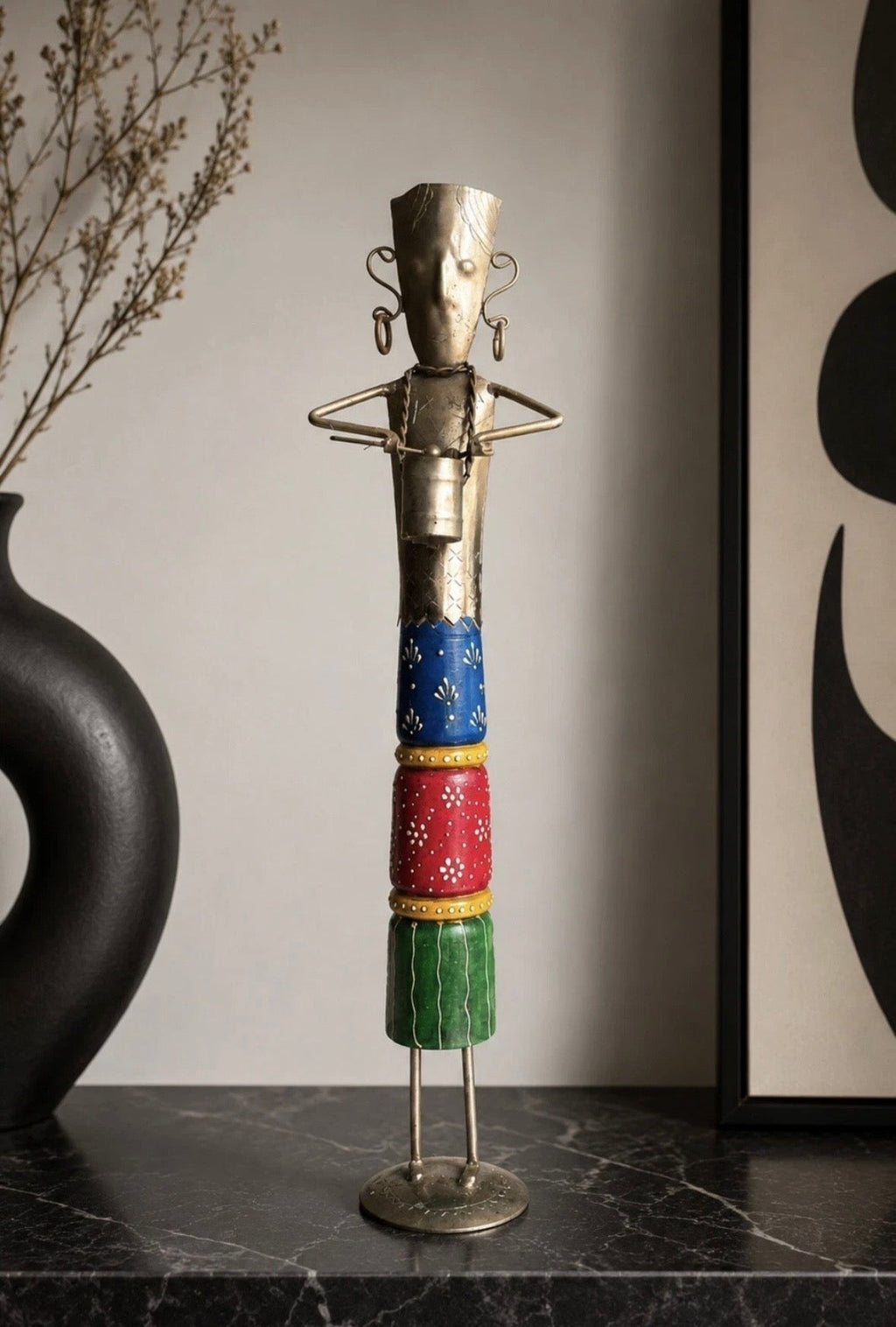 Grande Statue Africaine Métal Peint Main Vintage Années 70 — 55 cm