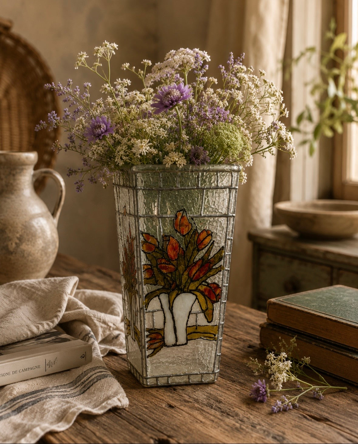 Vase vintage décor vitrail – Tulipes multicolores – Verre texturé