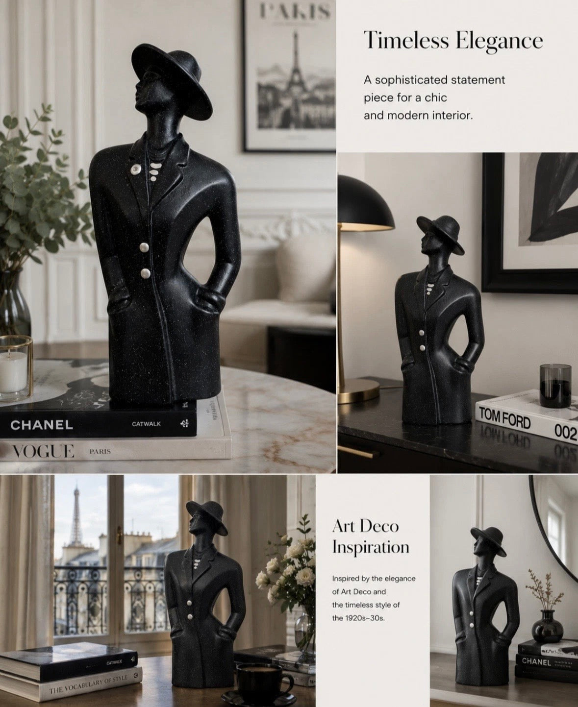 Sculpture femme Art Déco — Silhouette au chapeau, finition noire & argent, H. 32 cm
