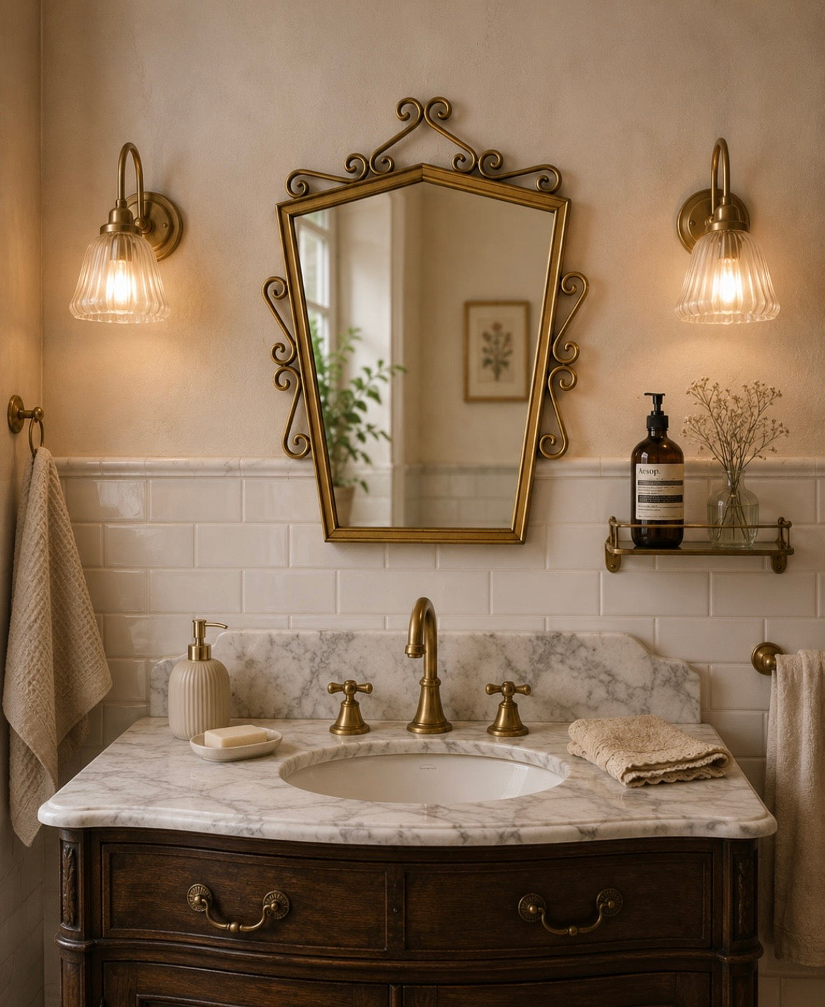 Miroir mural vintage en métal doré – 35 cm – Style Hollywood Regency