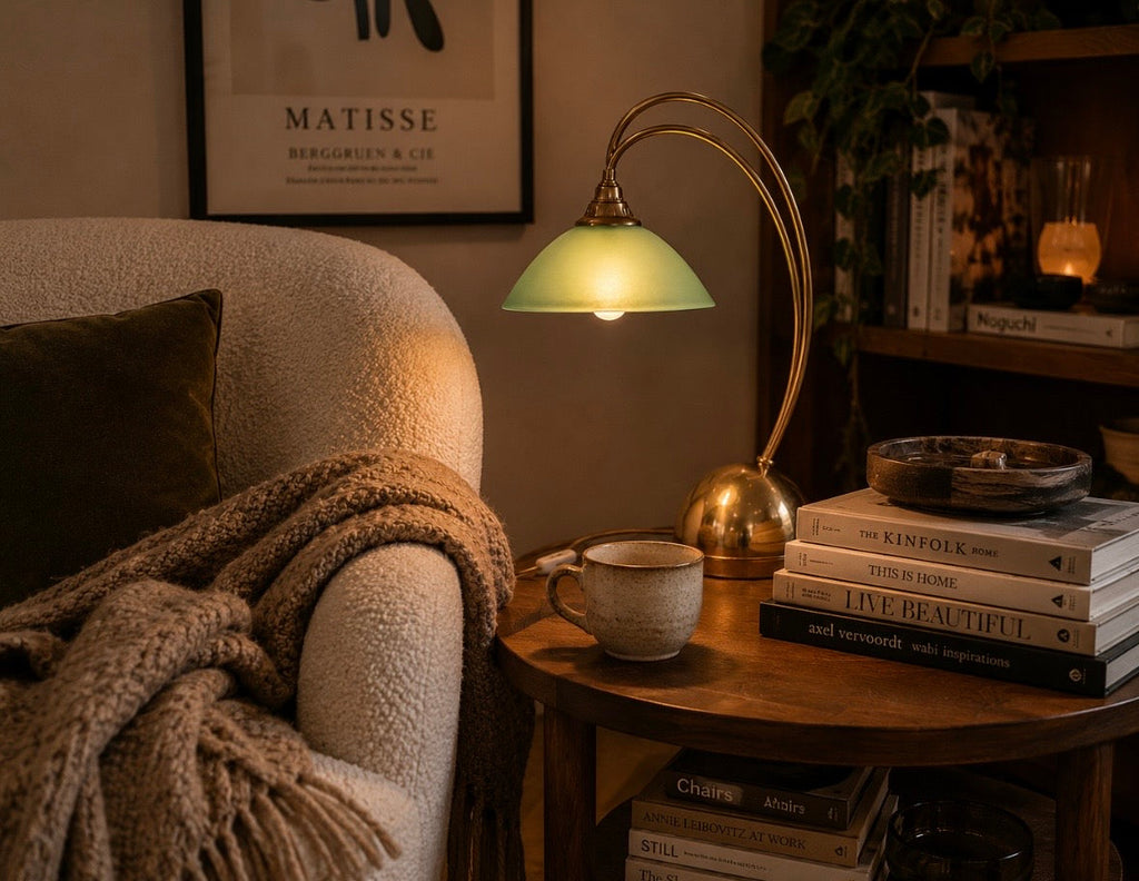 Lampe vintage arche en laiton et verre satiné vert d'eau