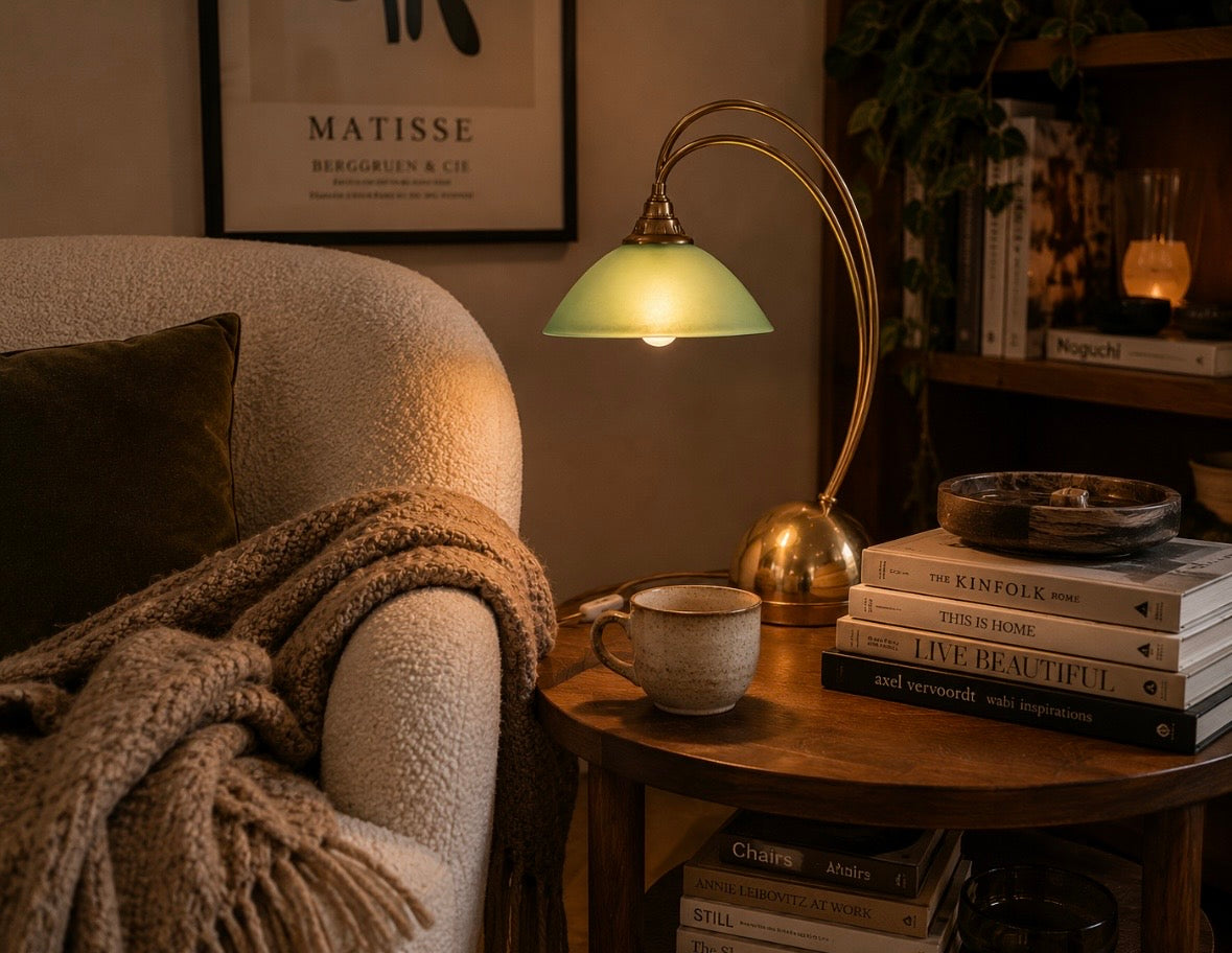 Lampe vintage arche en laiton et verre satiné vert d'eau