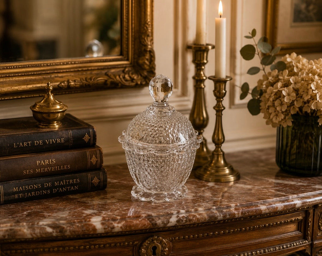 Bonbonnière vintage en verre pressé à couvercle – Motif diamant
