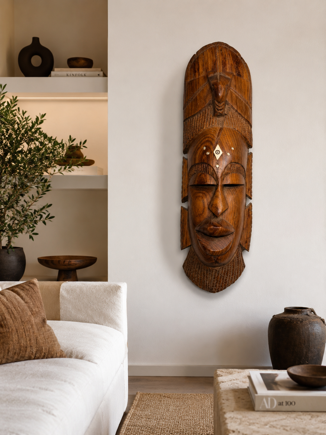 Masque mural africain sculpté en bois – Décoration vintage artisanale