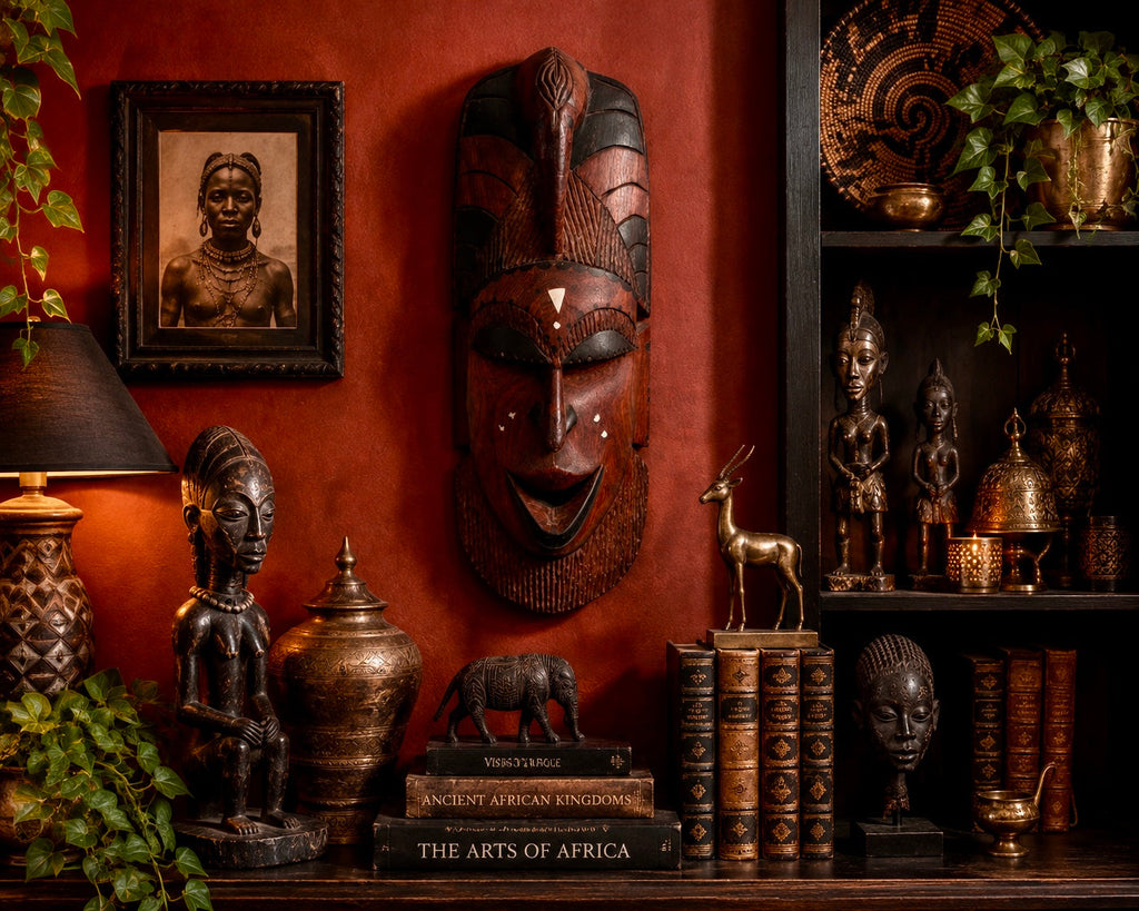 Masque africain en bois sculpté avec incrustations de nacre – Art tribal – Pièce artisanale