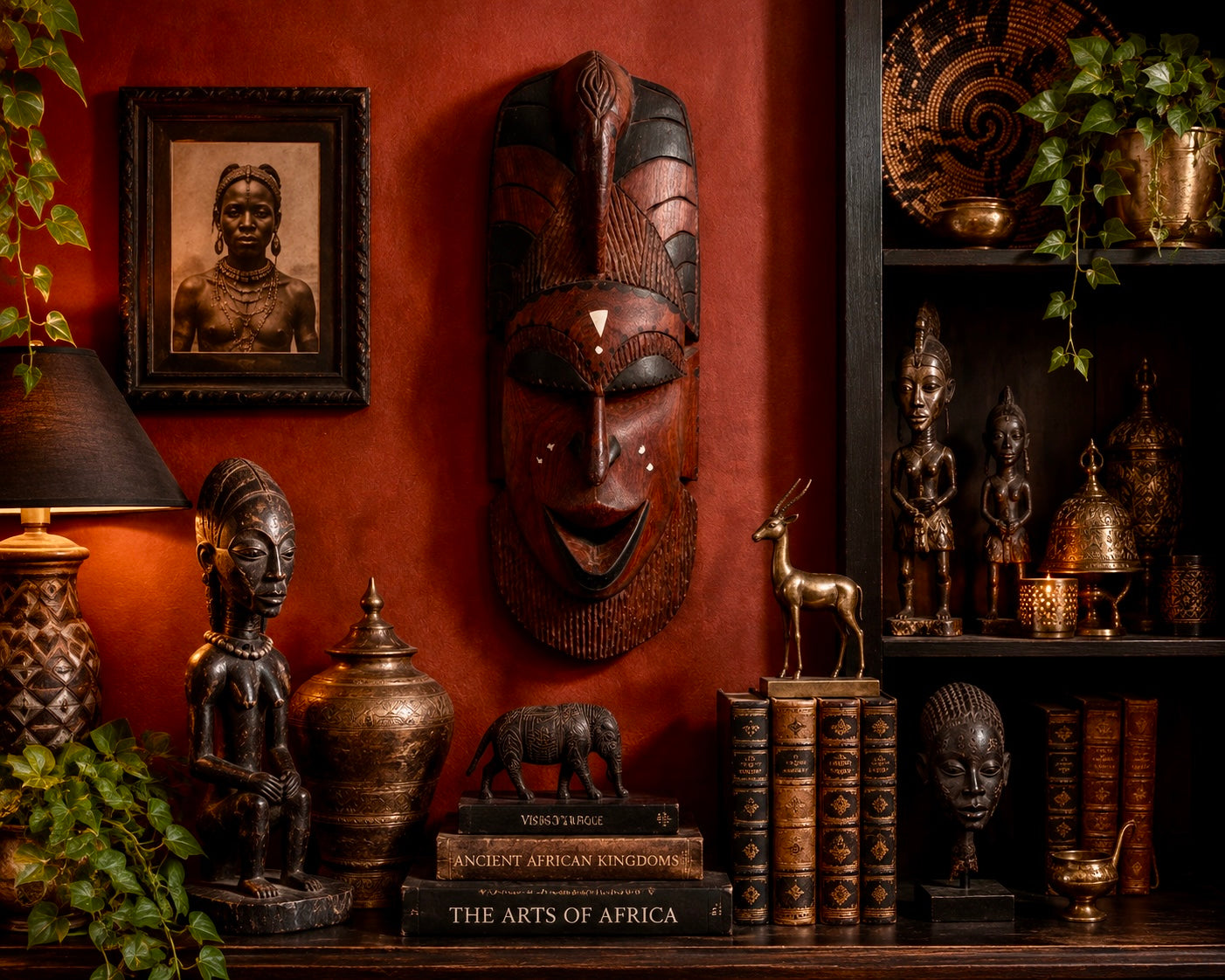 Masque africain en bois sculpté avec incrustations de nacre – Art tribal – Pièce artisanale