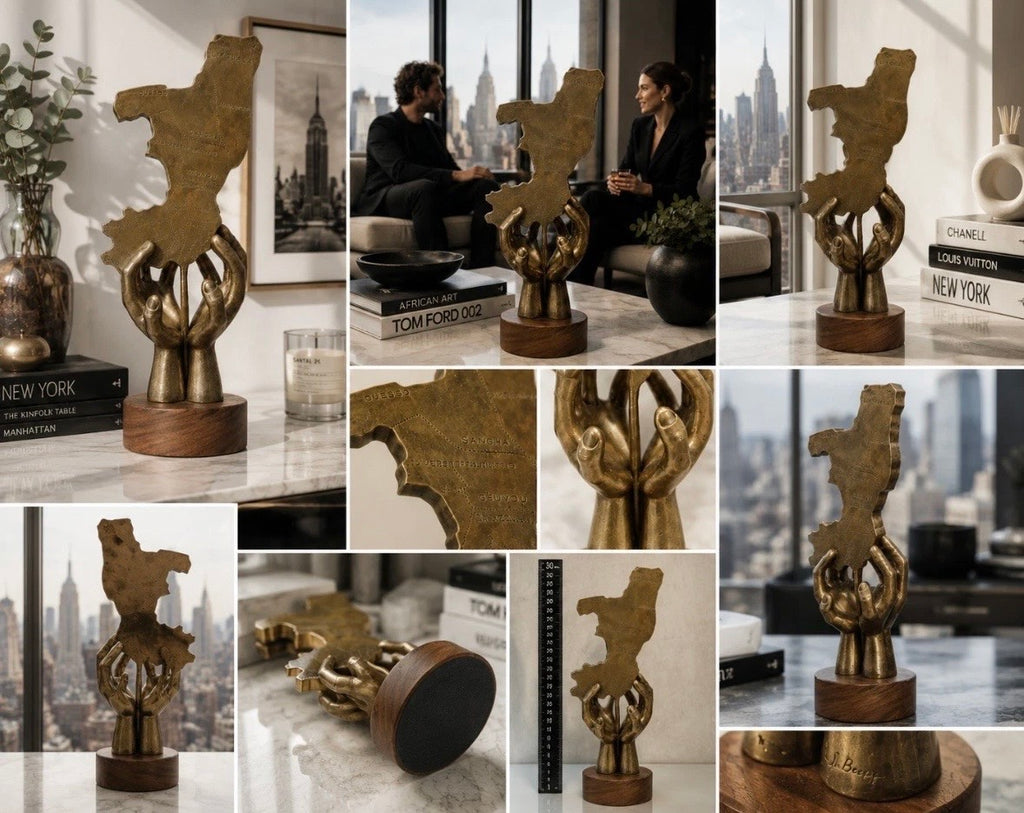 Statuette en bronze — Mains & carte du Congo Brazzaville, art africain années 50/60