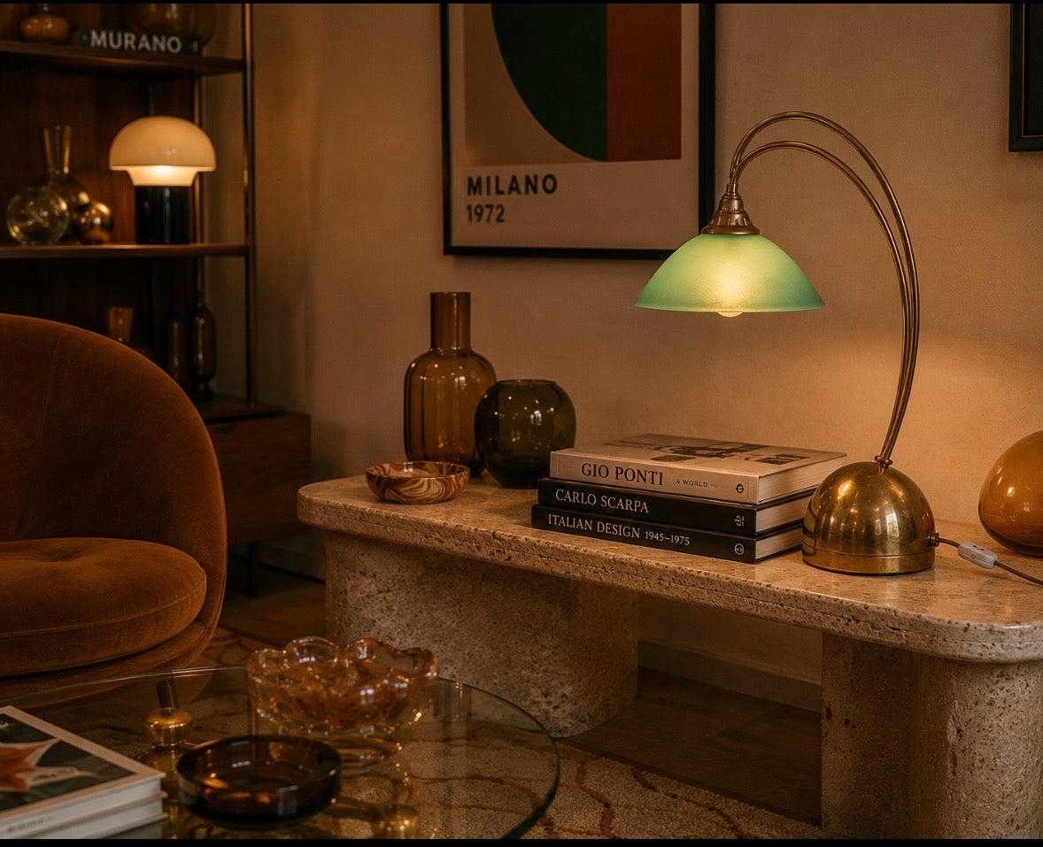 Lampe vintage arche en laiton et verre satiné vert d'eau