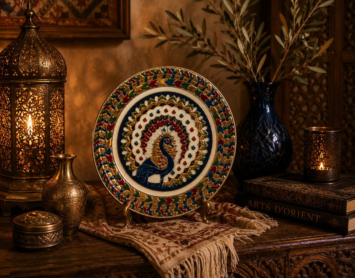Assiette Décorative Vintage en Laiton Émaillé – Paon – Art Indien – 16 cm