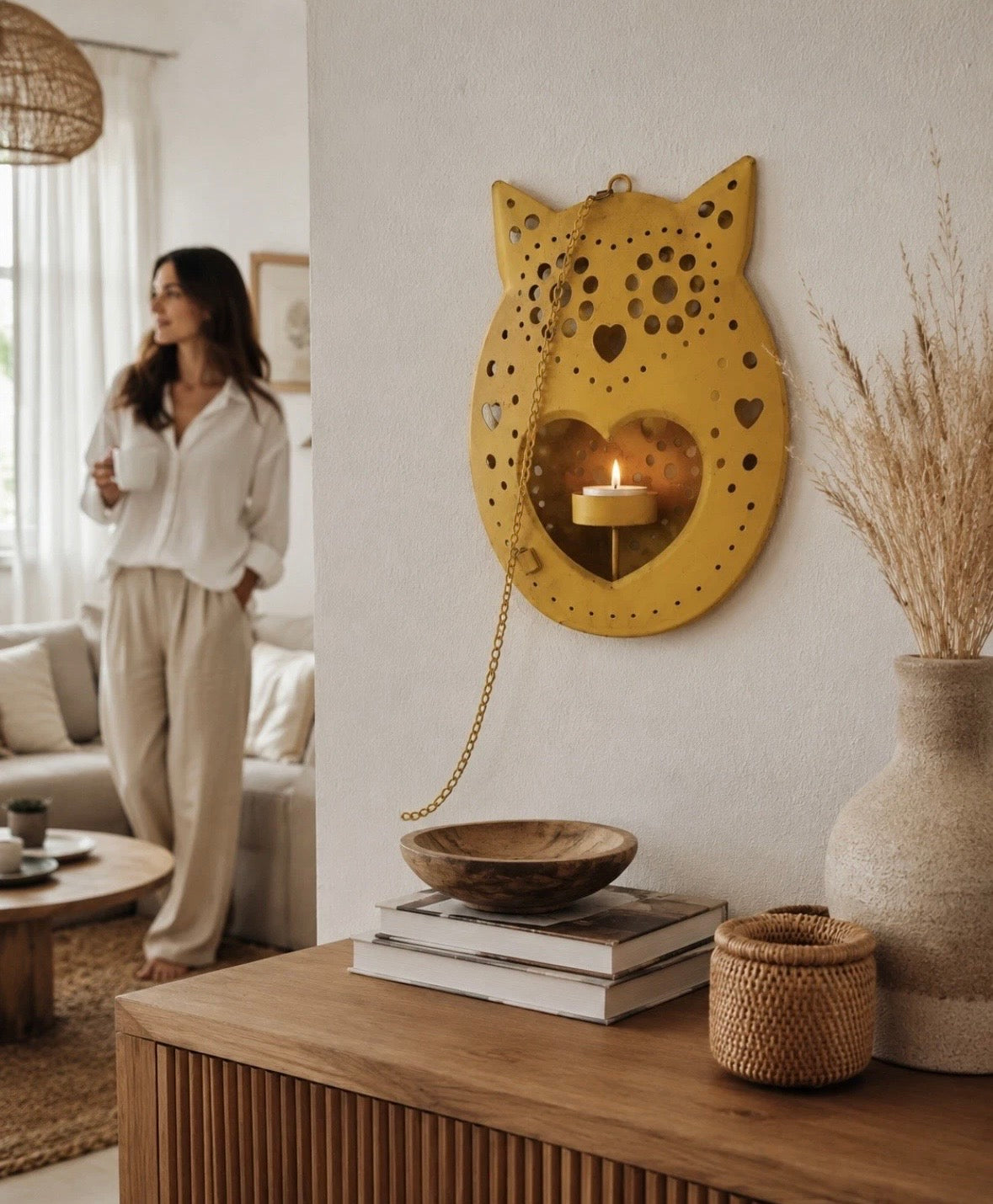 Porte-bougie Chouette Métal Mural – Owl Wall Candle Holder Boho Chic