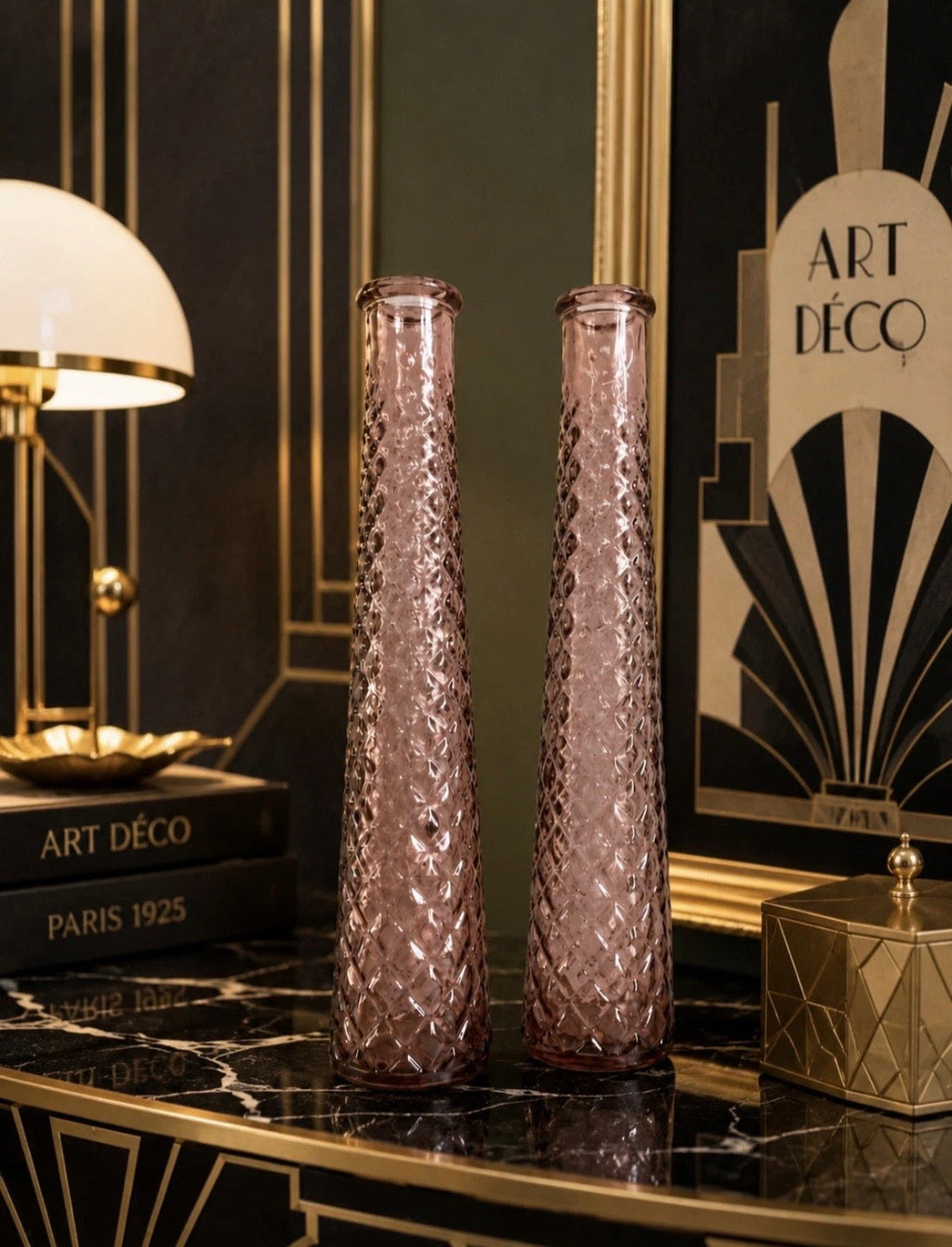 Paire de Vases Verre Rose Texturé — Motif Diamant Art Déco Boho Chic 23cm
