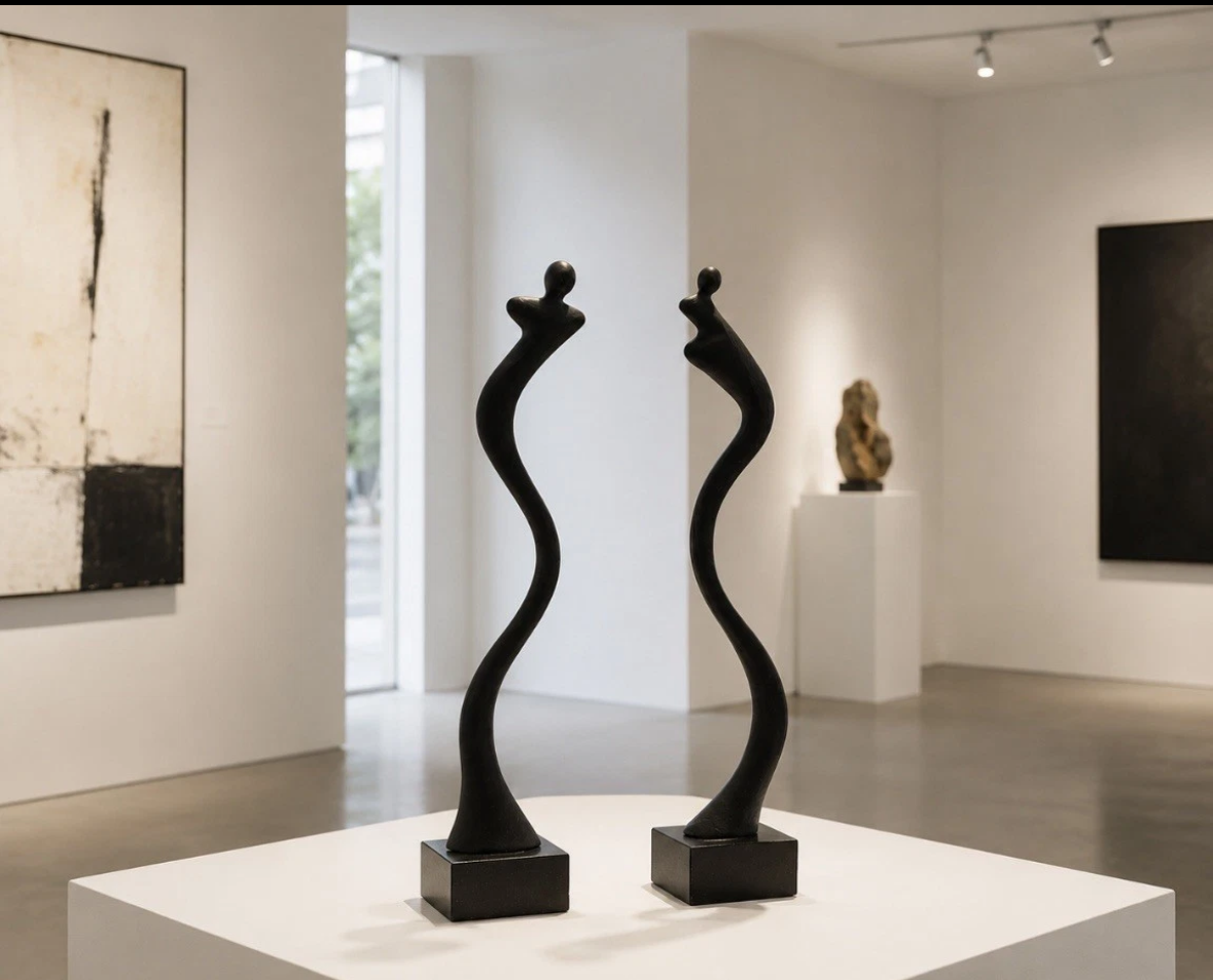 Duo de sculptures abstraites Corry Ammerlaan (CAN) — Métal patiné & socles marbre noir, H. 22 cm