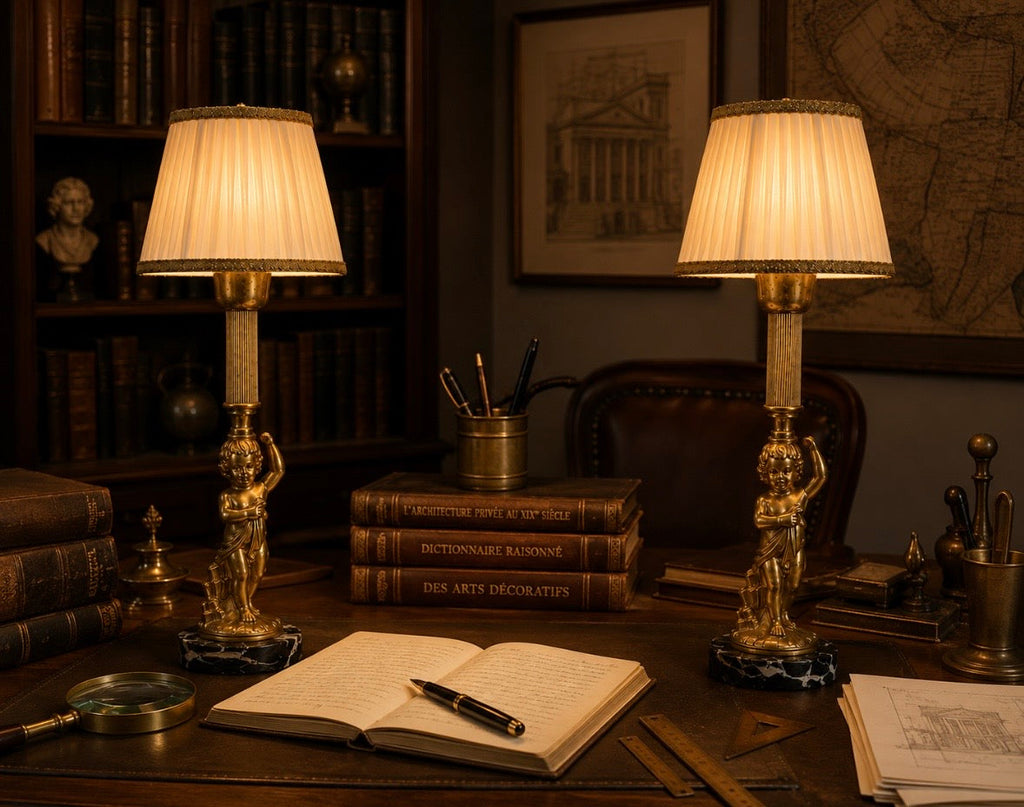 Paire de lampes anciennes à chérubins sur socle en marbre noir