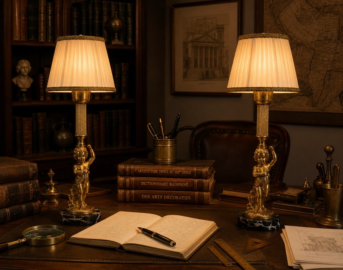 Paire de lampes anciennes à chérubins sur socle en marbre noir