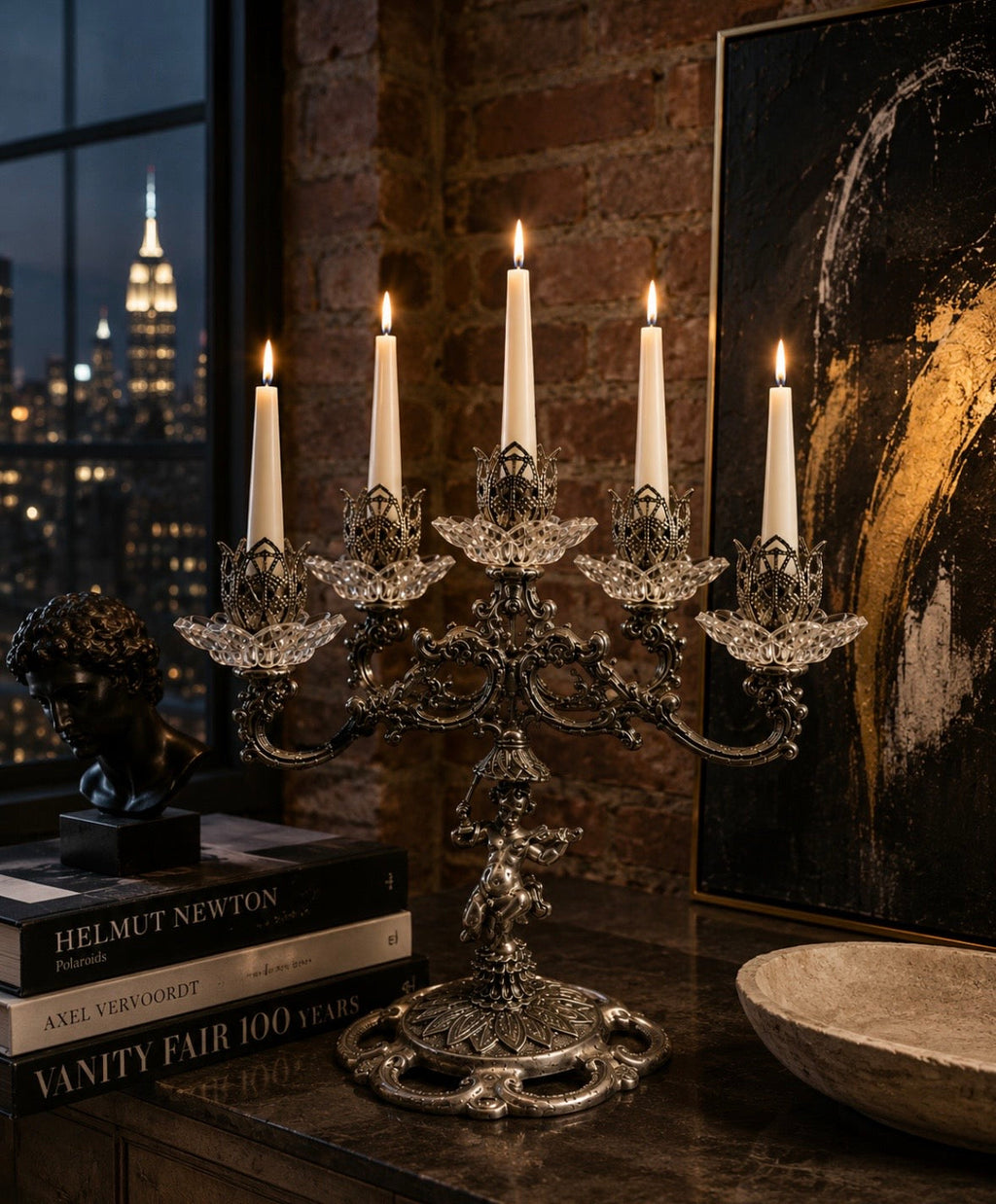 Candélabre Vintage à 5 Lumières – Chérubin & Cristal Facetté – Style Baroque