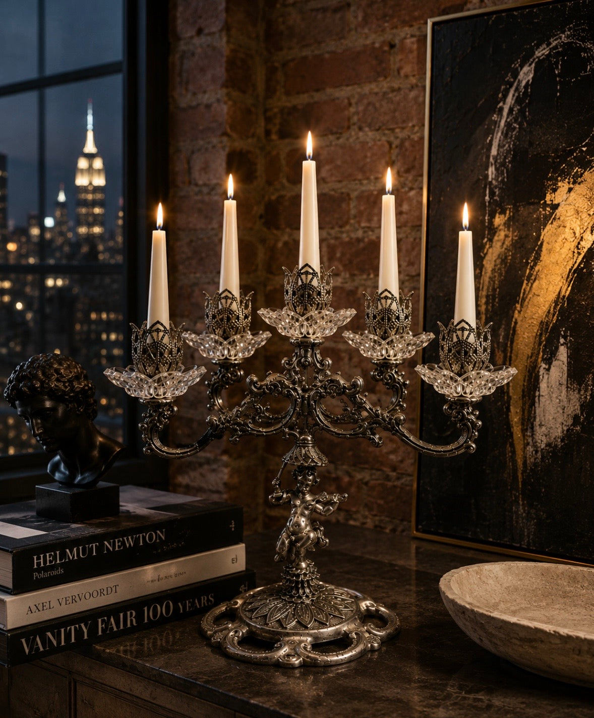 Candélabre Vintage à 5 Lumières – Chérubin & Cristal Facetté – Style Baroque