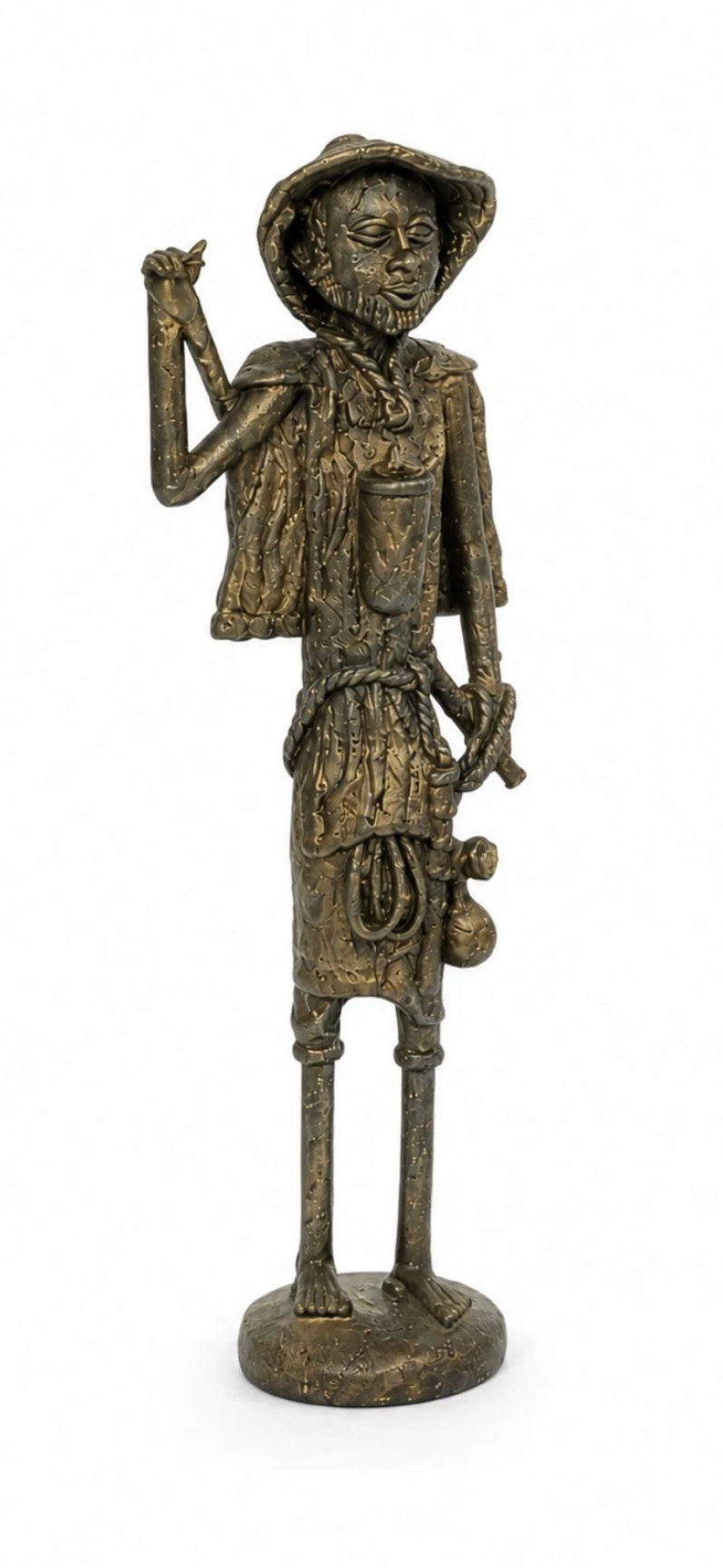 Statue africaine vintage en bronze — Personnage au bâton, patine ancienne, H. 31 cm
