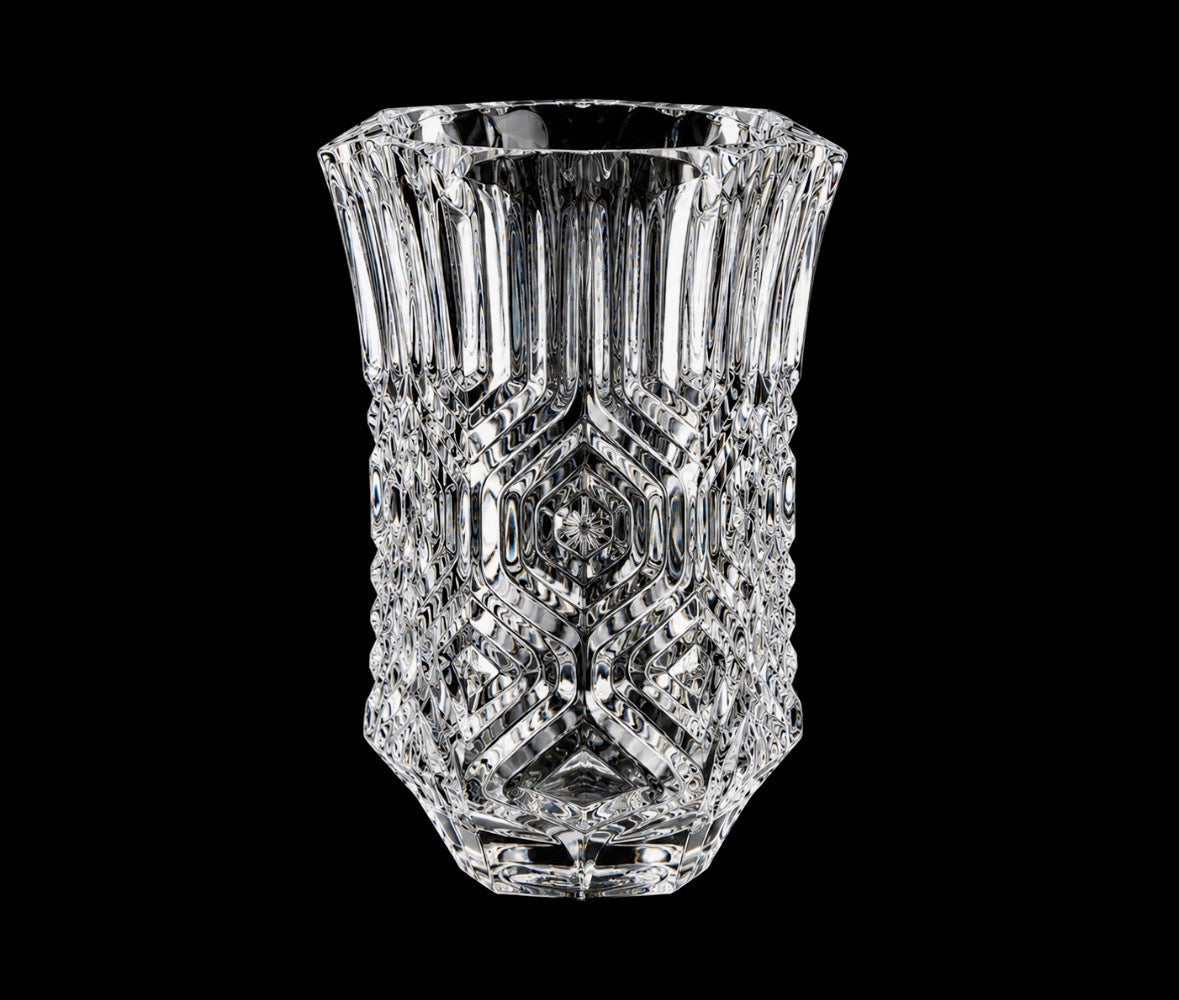 Vase vintage en cristal épais taillé – Design géométrique hexagonal – Années 1970