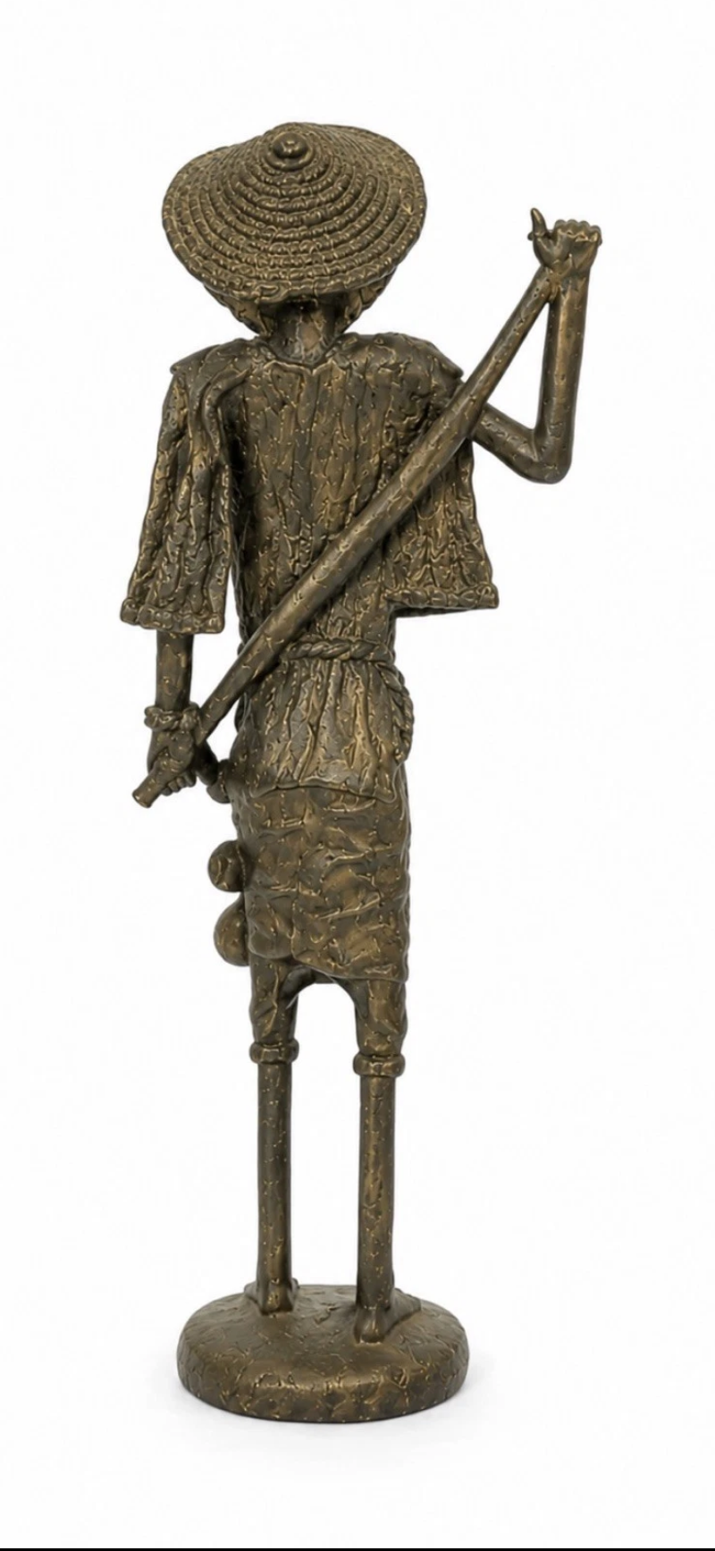 Statue africaine vintage en bronze — Personnage au bâton, patine ancienne, H. 31 cm