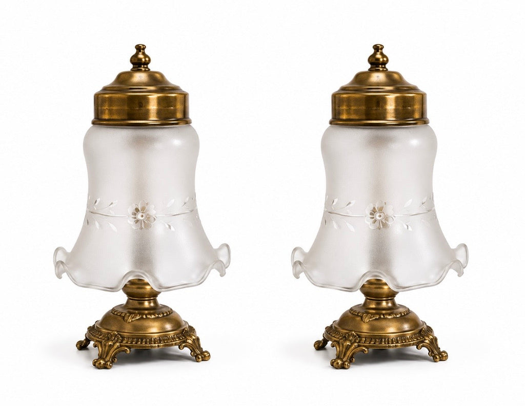 Paire de lampes de chevet vintage italiennes – Laiton & Verre satiné gravé