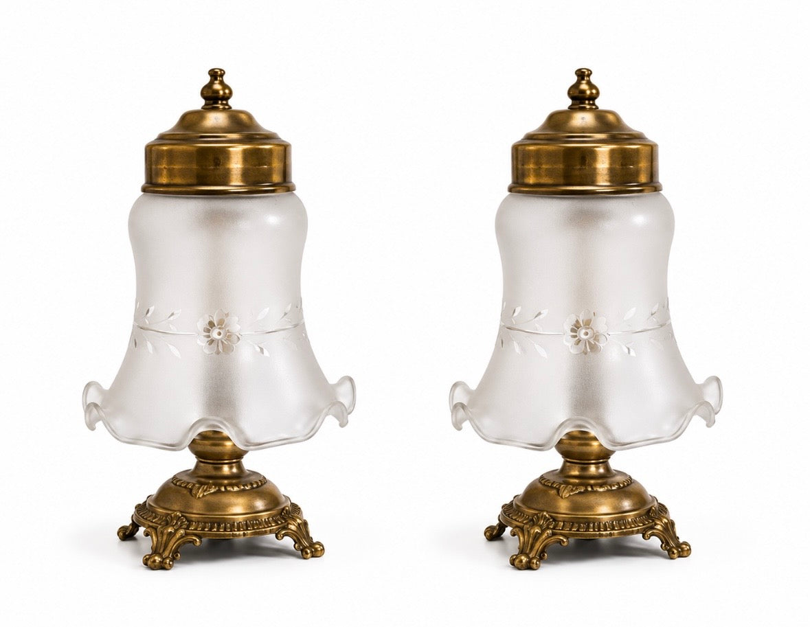 Paire de lampes de chevet vintage italiennes – Laiton & Verre satiné gravé