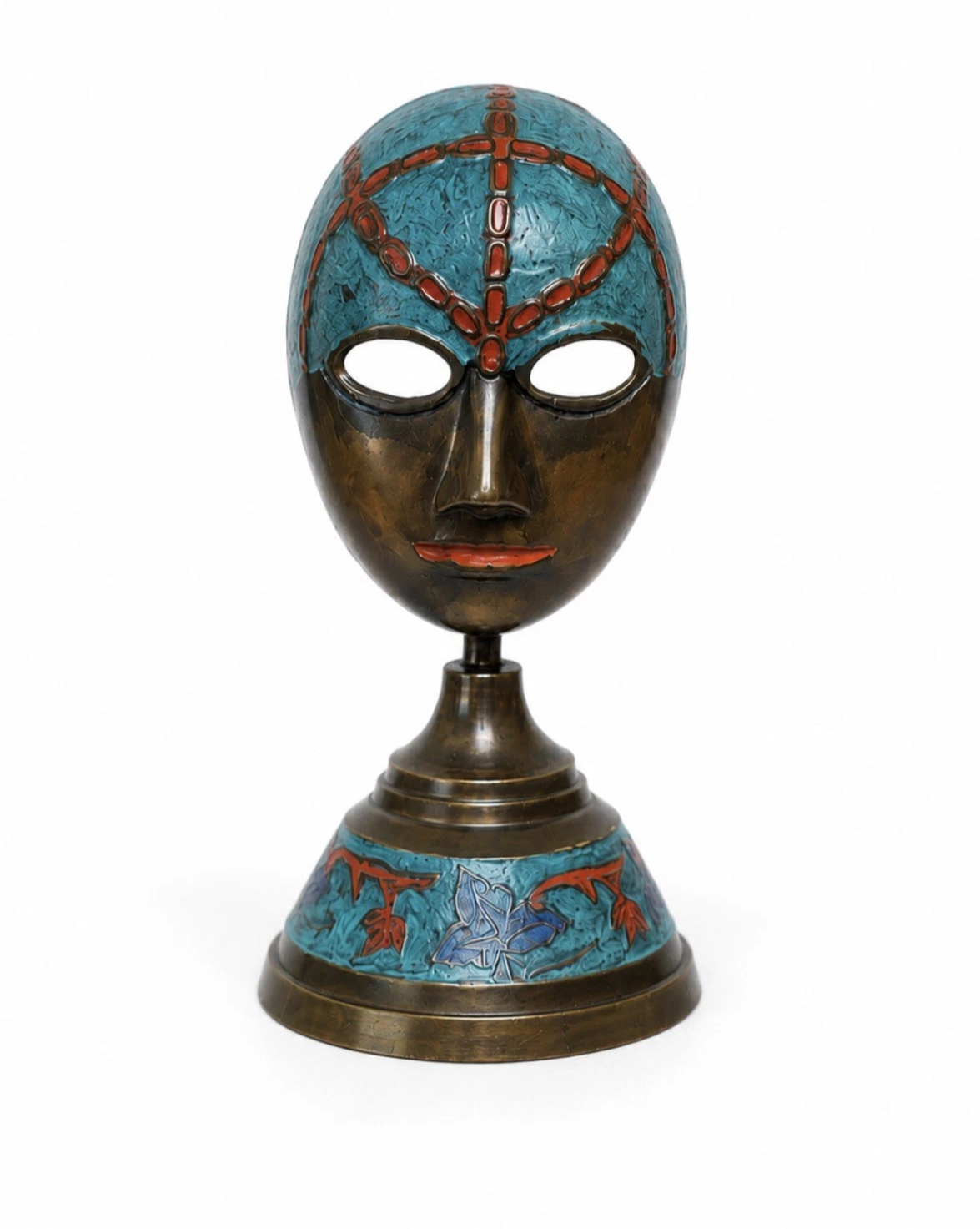 Masque de théâtre vintage émaillé — Turquoise, bronze & rouge, sur socle, H. 15 cm