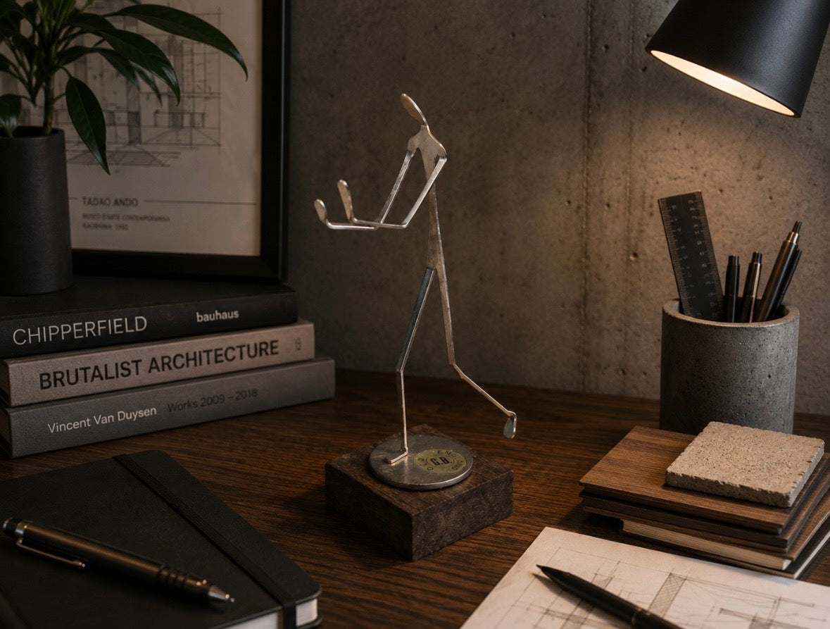 Statuette design minimaliste G.B. England – Métal & bois vintage