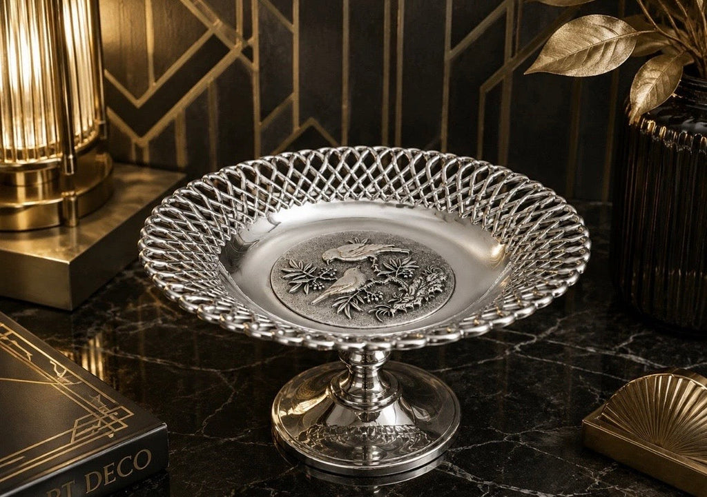 Vintage Chrome Fruit Bowl Schweden Schaetze — Coupe Oiseaux Relief 1960s Art Déco