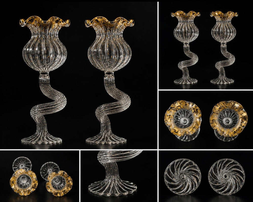 Paire de bougeoirs en verre de Murano soufflé – Feuille d'or – Italie, années 1960-1970