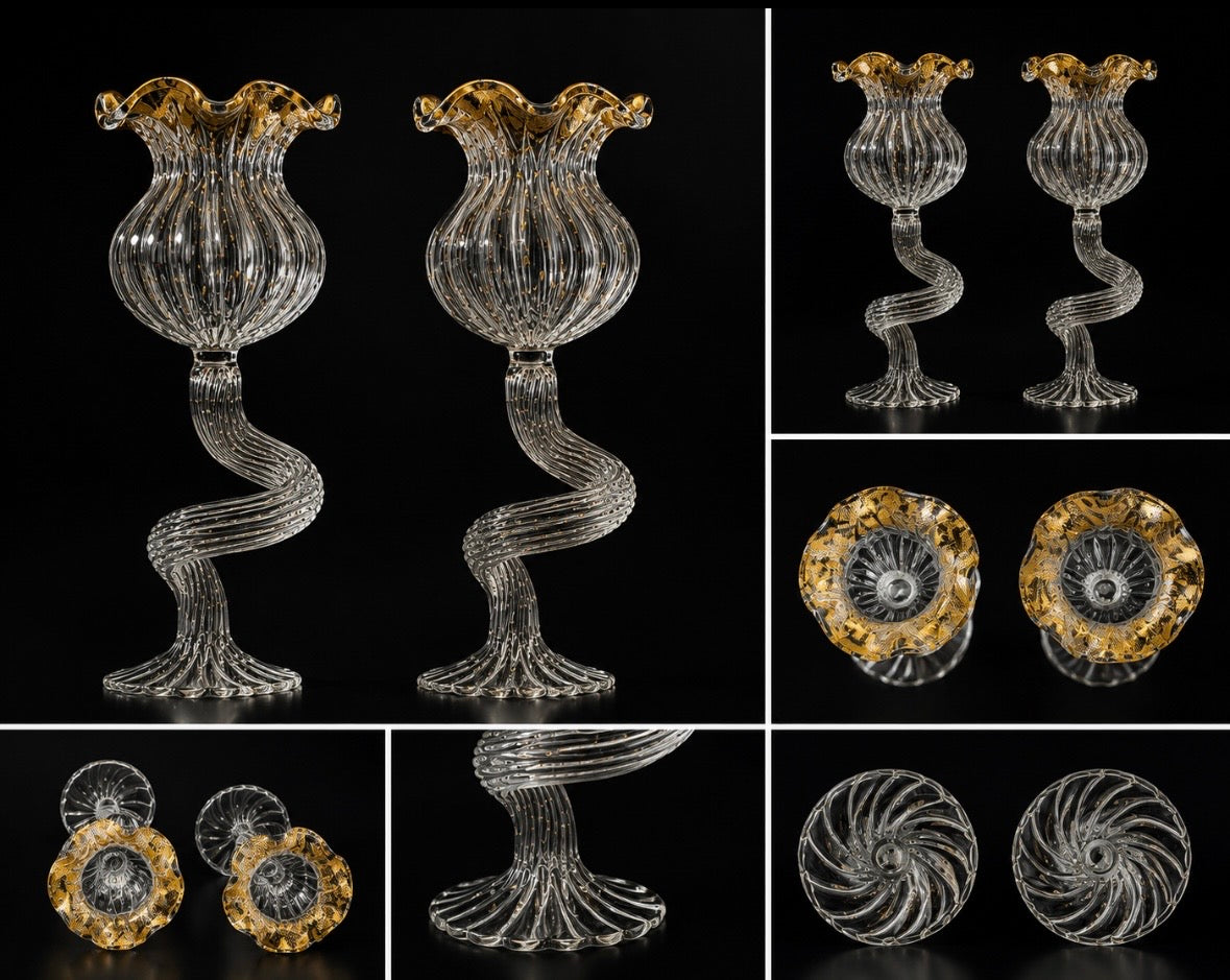 Paire de bougeoirs en verre de Murano soufflé – Feuille d'or – Italie, années 1960-1970