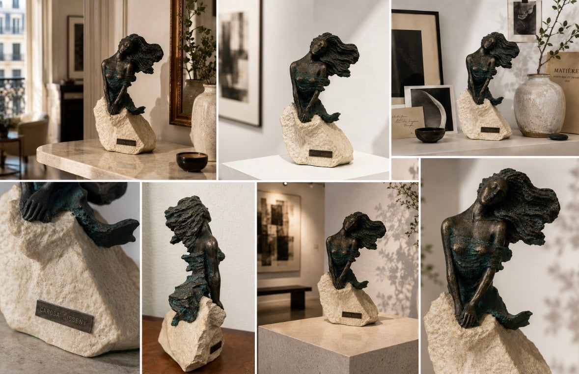 Sculpture Carosa Disseny — Figure féminine stylisée sur socle minéral, H. 27 cm