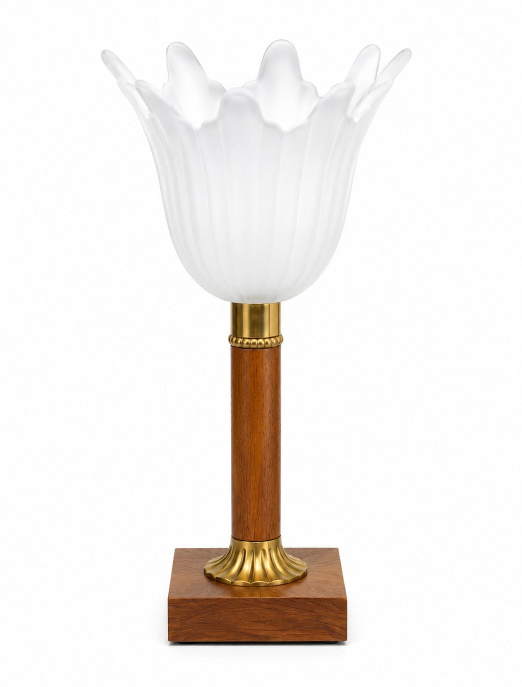 Lampe vintage tulipe – Verre opalin, bois et laiton