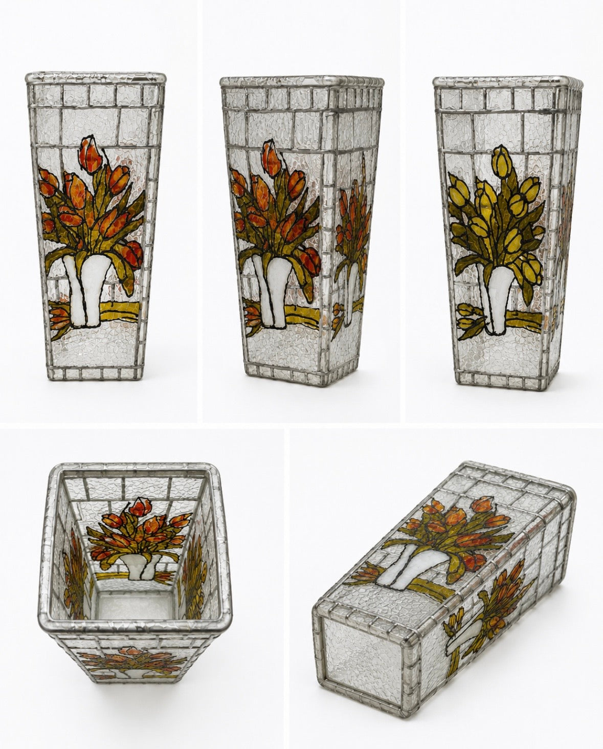 Vase vintage décor vitrail – Tulipes multicolores – Verre texturé